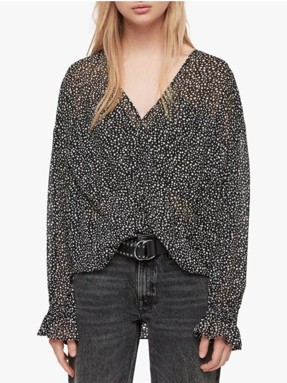Allsaints Penny Splash Top Black Sheer Dot Print Blouse